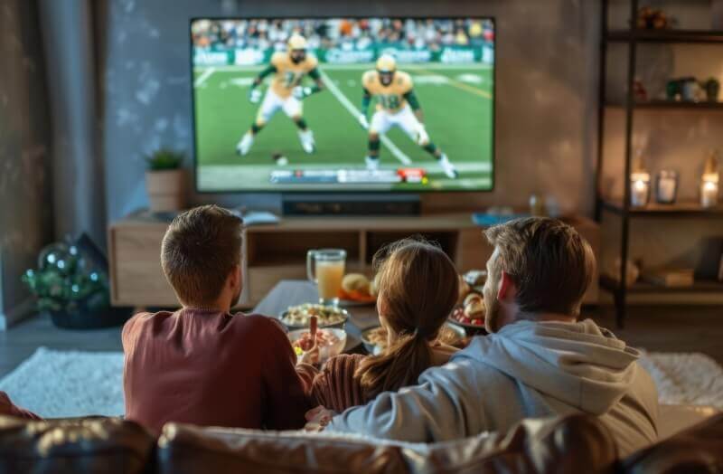 Sports Fans Watching The Game On Tv In The Living Room Sports fans watching the game on tv in the living room