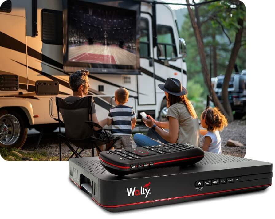 Family camping enjoying tv outside 01